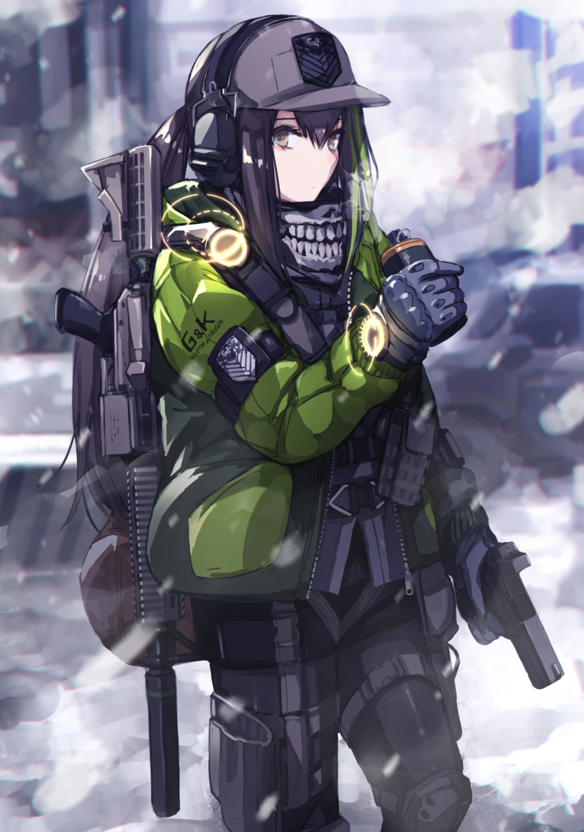 1girl abandoned alternate_costume armband assault_rifle backpack bag bangs baseball_cap belt_pouch black_hair black_legwear black_shorts brown_eyes building bulletproof_vest car closed_mouth commentary emblem english_commentary english_text explosive eyebrows from_side girls_frontline glock_40 gloves green_hair green_jacket grenade grifon_&amp;_kryuger ground_vehicle gun handgun hat headphones highres holding holding_grenade holding_gun holding_weapon holster holstered_weapon jacket knee_guards knee_pads looking_at_viewer m4_carbine m4a1_(girls_frontline) mishima_hiroji motor_vehicle multicolored_hair optical_sight outdoors pantyhose pouch radio rifle roadblock scarf short_shorts shorts sidelocks sight snow snowing solo standing strap suppressor tactical_clothes thigh_holster thigh_pouch tom_clancy's_the_division vest_pouch watch weapon weapon_on_back wristwatch