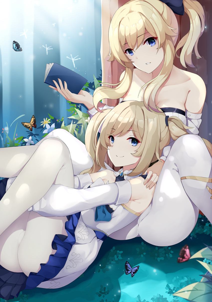 2girls barbara_(genshin_impact) bare_shoulders book bow breasts bug butterfly cleavage detached_sleeves dress drill_hair flower genshin_impact grass hair_bow half-closed_eyes hand_on_another's_shoulder highres hisa09 holding holding_book insect jean_gunnhildr long_sleeves multiple_girls pants pantyhose siblings sisters sitting sitting_on_lap sitting_on_person smile spread_legs twin_drills twintails white_dress white_legwear white_pants