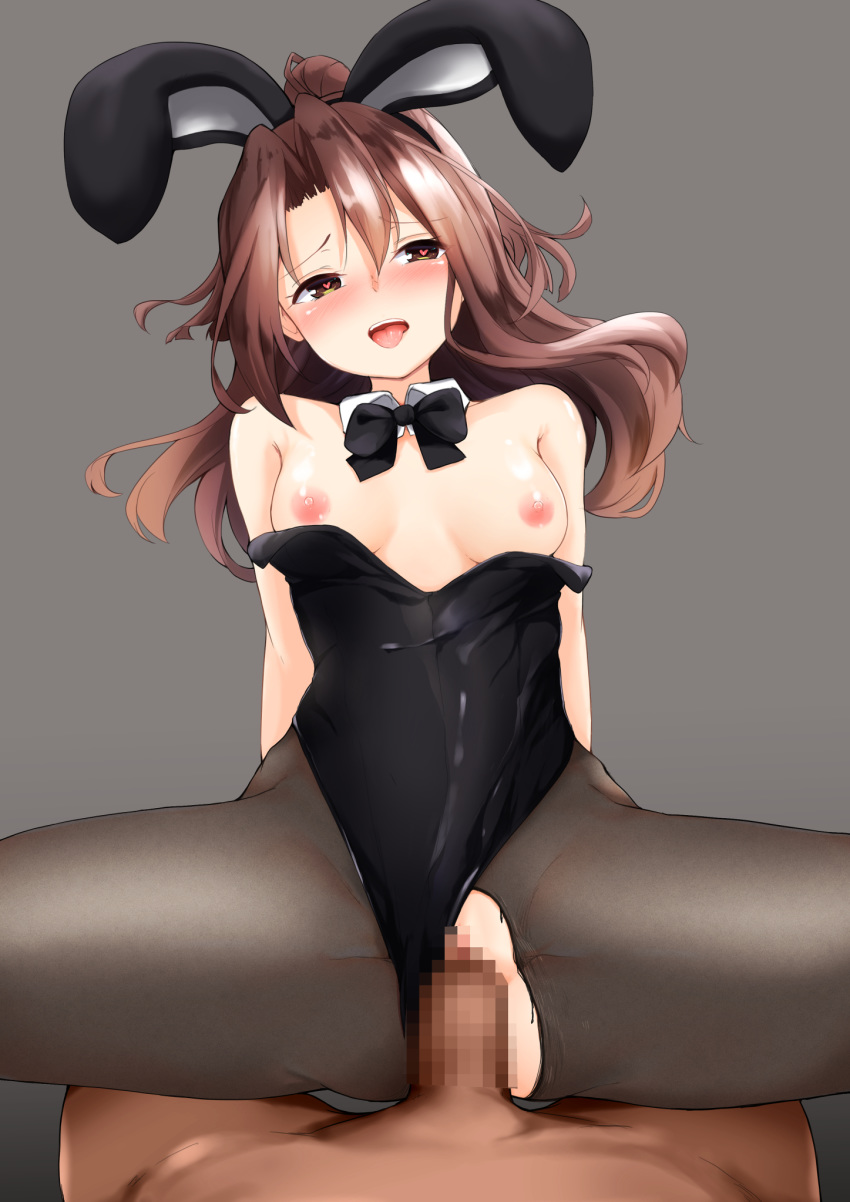 1boy 1girl animal_ears areolae bare_shoulders black_leotard black_neckwear blush bow bowtie breasts brown_eyes brown_hair bunny_ears bunny_girl censored clothed_sex commentary_request cowgirl_position detached_collar fake_animal_ears girl_on_top happy_sex heart heart-shaped_pupils hetero highres kantai_collection leotard long_hair medium_breasts mosaic_censoring nipples open_mouth pantyhose penis playboy_bunny pussy sex solo_focus straddling strapless strapless_leotard symbol-shaped_pupils tongue tongue_out torn_clothes torn_legwear torogao vaginal wrist_cuffs zarashi zuihou_(kantai_collection)