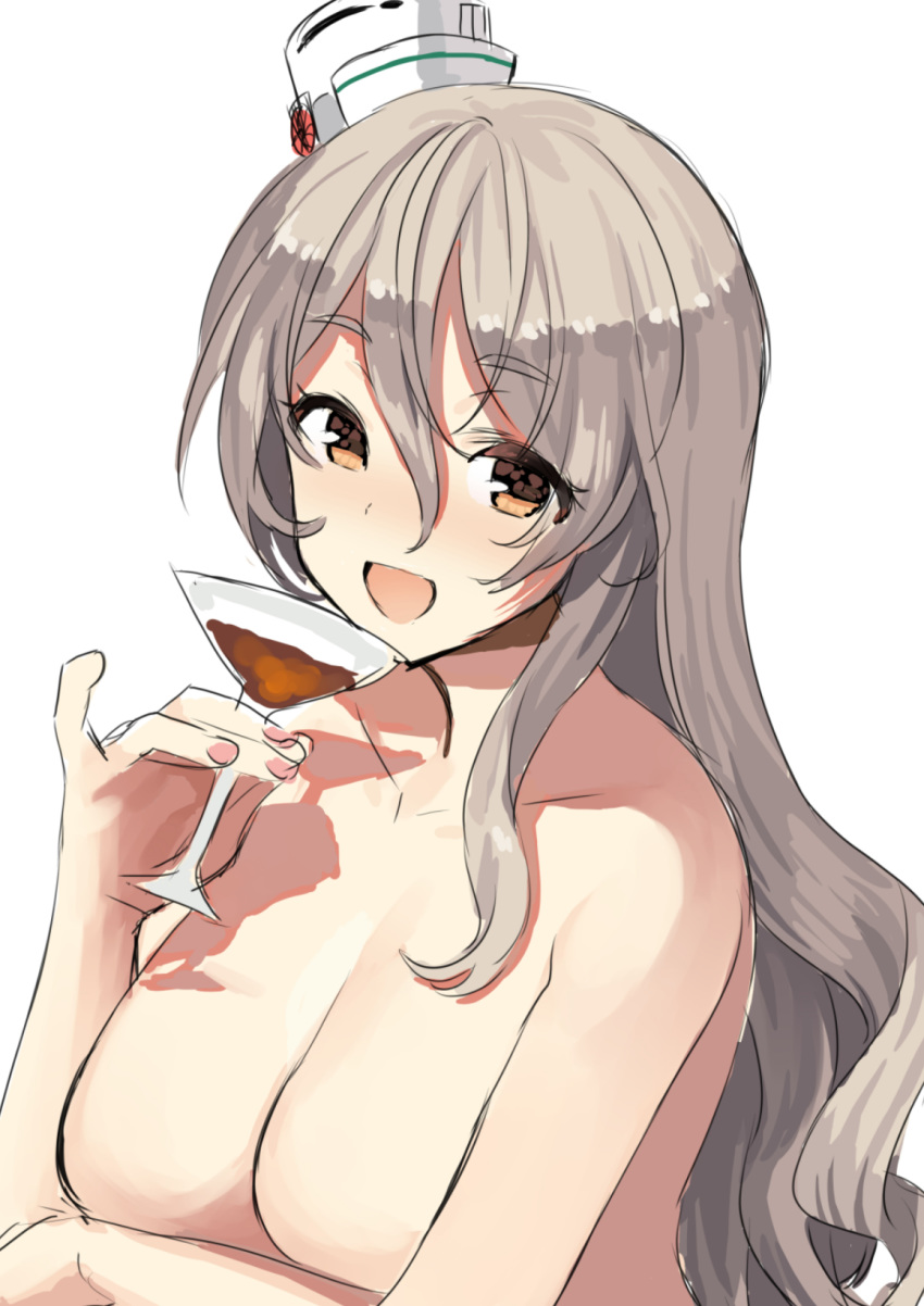 1girl alcohol bangs blush breasts brown_eyes cup drinking_glass eyebrows_visible_through_hair grey_hair hair_between_eyes hat highres holding holding_cup kantai_collection large_breasts long_hair mizuki_eiru_(akagi_kurage) no_nipples nude open_mouth pinky_out pola_(kantai_collection) simple_background solo upper_body white_background wine_glass