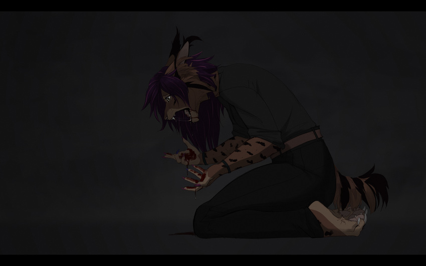 2020 4_toes 5_fingers anthro blood bodily_fluids breasts brown_body brown_fur clothed clothing digital_media_(artwork) eyebrows eyelashes felid feline female fingers fur hair hi_res lynjox lynx lynxyjones mammal open_mouth purple_hair spots spotted_body spotted_fur teeth toes tongue