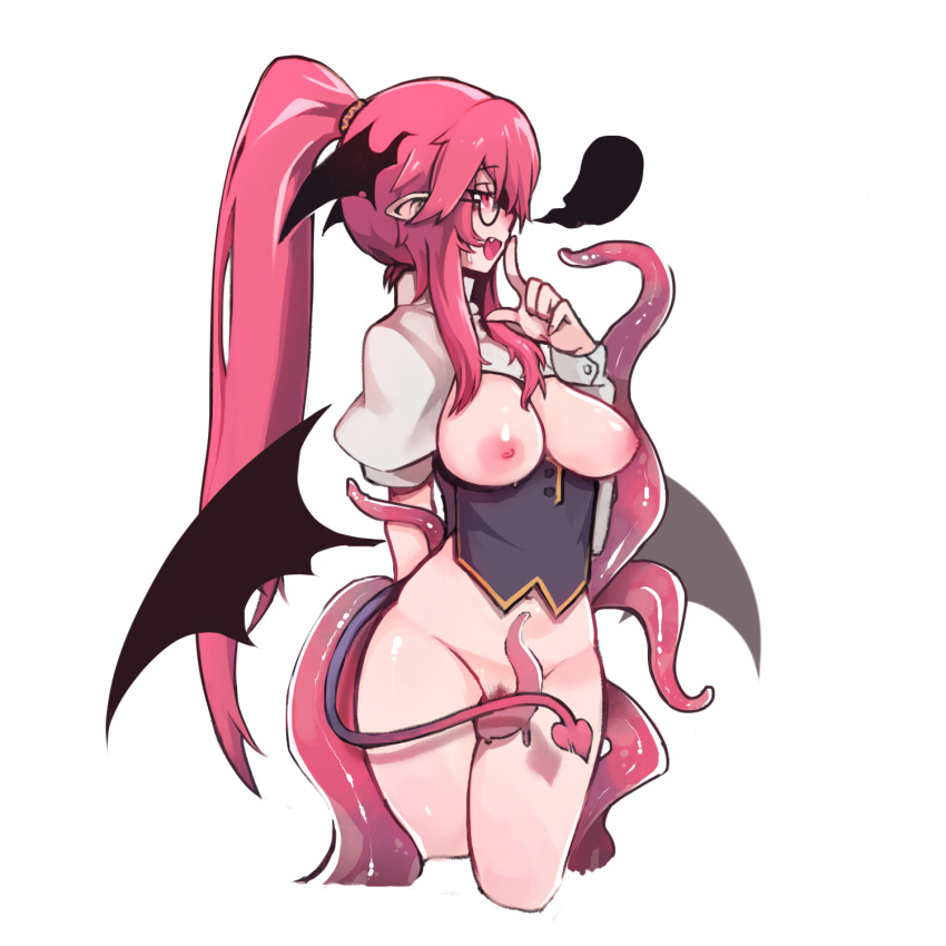 1girl :d alternate_hairstyle arm_behind_back asymmetrical_sleeves bat_wings bespectacled between_legs blank_speech_bubble bottomless breastless_clothes breasts convenient_censoring cropped_legs demon_tail detached_wings fang finger_to_mouth glasses hair_between_eyes head_wings highres index_finger_raised koakuma large_breasts long_hair low_wings navel nipples open_mouth pigeoncrow pointy_ears ponytail puffy_sleeves red_eyes red_hair red_pubic_hair scrunchie sidelocks simple_background smile speech_bubble tail tentacles touhou very_long_hair white_background wings