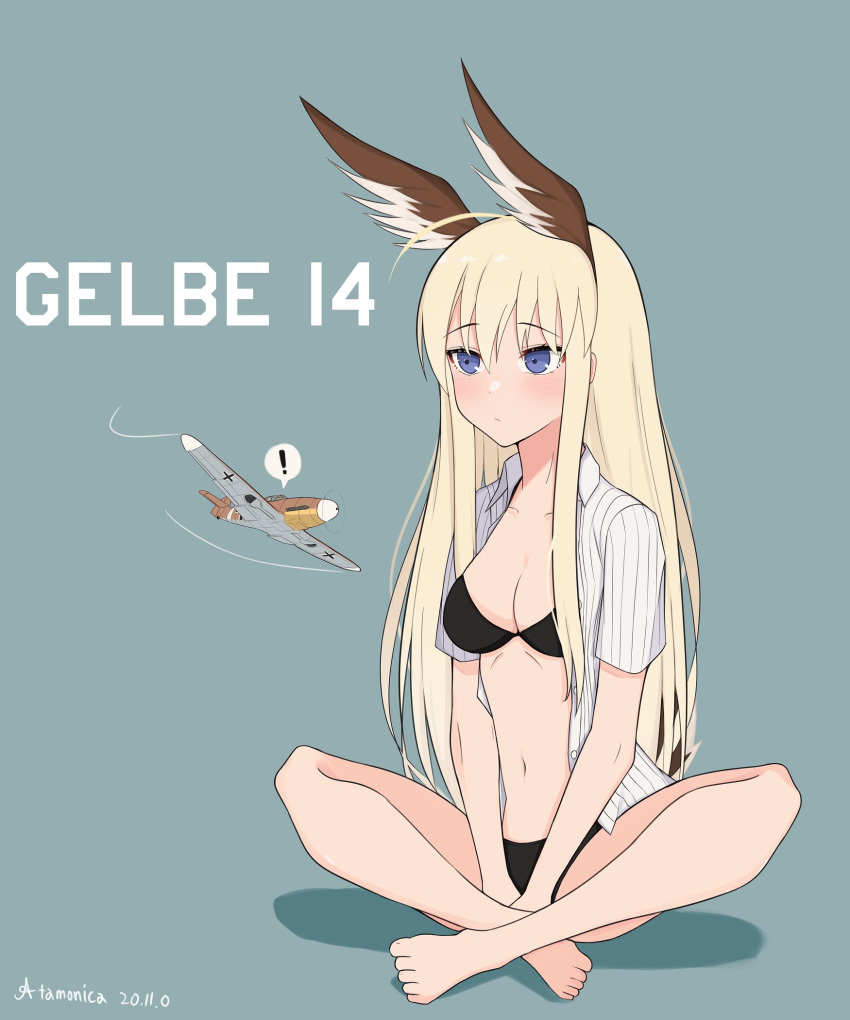 ! 1girl atamonica bangs barefoot bf_109 blonde_hair blue_background blue_eyes blush breasts cleavage collarbone collared_shirt crossed_arms english_commentary hair_between_eyes head_wings highres korean_commentary long_hair medium_breasts mixed-language_commentary navel open_clothes open_shirt original shirt sidelocks sitting solo spoken_exclamation_mark striped striped_shirt