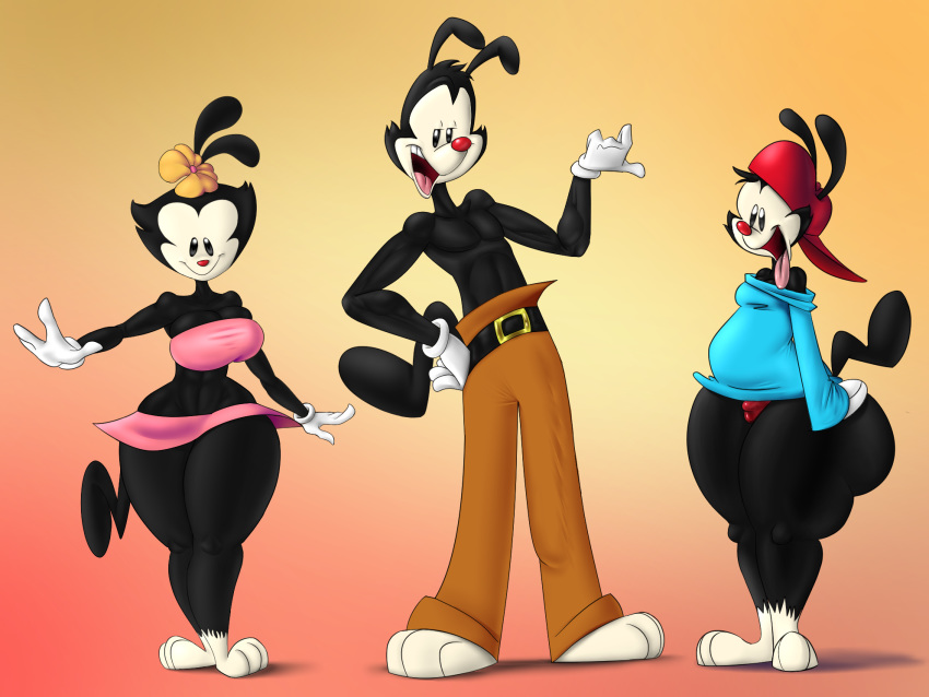 aged_up animaniacs anthro big_penis black_body black_fur bulge butt clothed clothing dot_warner female fur genitals girly group half_naked hi_res inkblot male mammal penis sangelia sibling smile thick_thighs tongue tongue_out wakko_warner warner_brothers wide_hips yakko_warner