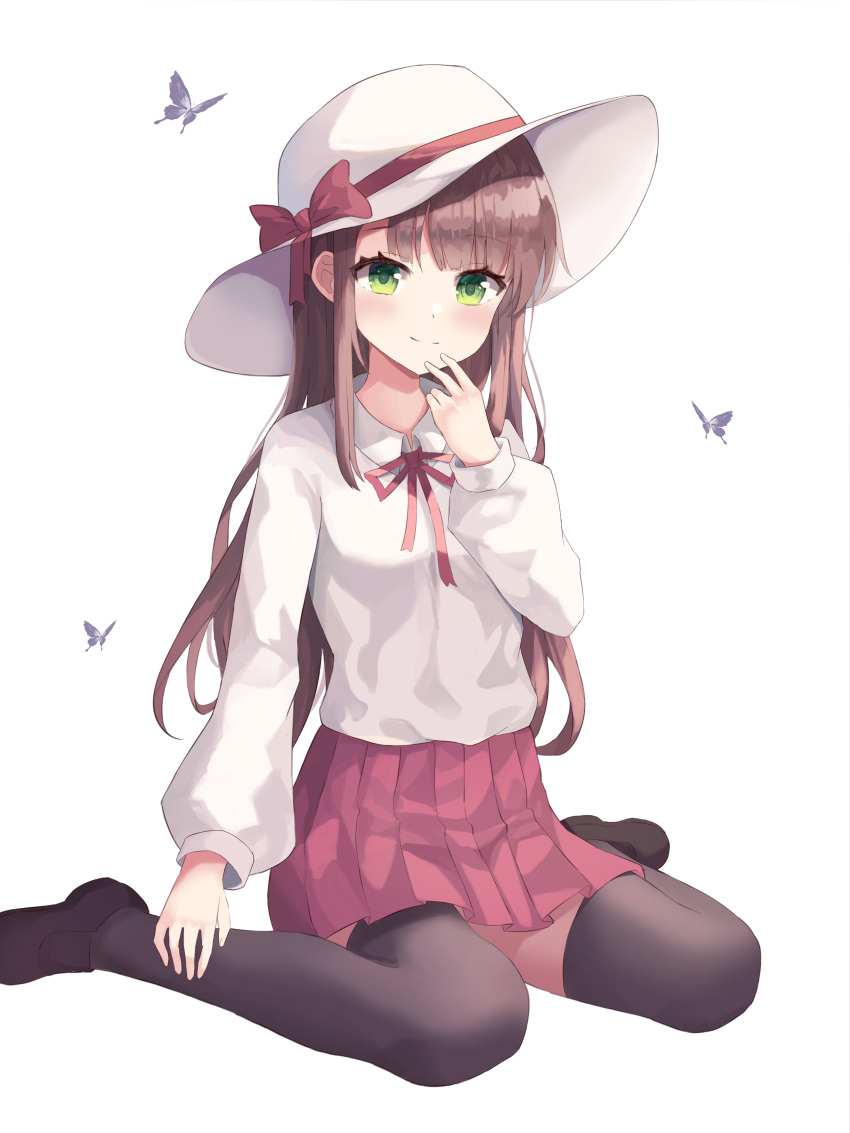 1girl absurdres bangs black_legwear blush brown_hair bug butterfly eyebrows_visible_through_hair finger_to_chin green_eyes hat highres insect long_hair long_sleeves looking_at_viewer original pantyhose pink_ribbon pink_skirt red_ribbon ribbon shirt sitting skirt solo sun_hat thighhighs wariza white_background white_headwear white_shirt x4snow zettai_ryouiki