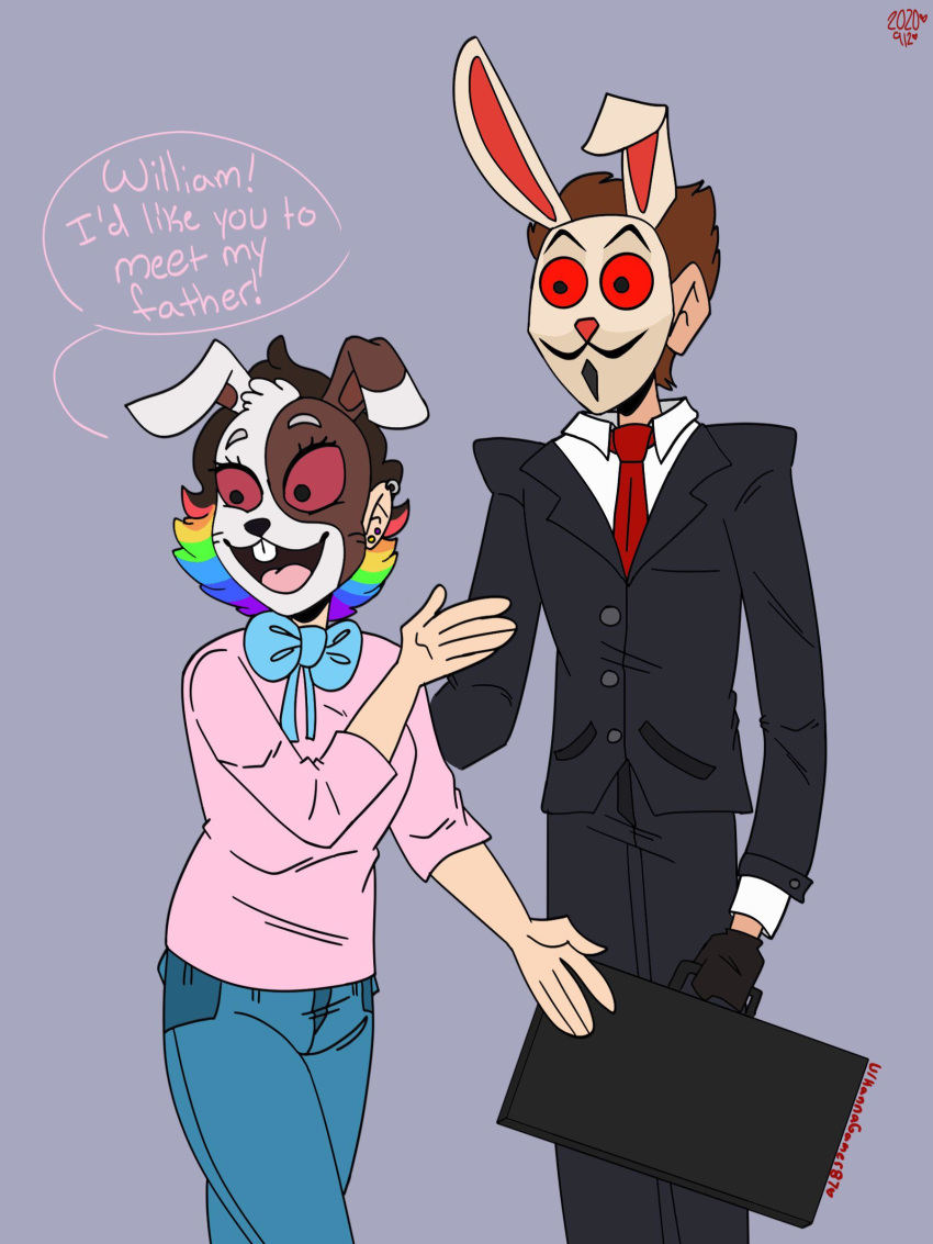 ! 2020 absurd_res black_eyebrows black_eyes blonde_hair blue_hair bottomwear bow_tie briefcase brown_ears brown_hair buckteeth clothed clothing cosplay crossover daughter dialogue duo ear_piercing ear_ring english_text eyebrows eyelashes facial_hair father female five_nights_at_freddy's five_nights_at_freddy's:_security_breach frank_(subway_surfers) gloves green_hair grey_background hair handwear hannagamer87 headgear hi_res human introduction lagomorph leporid long_ears long_sleeve_shirt long_sleeves male mammal mask multicolored_ears multicolored_hair mustache necktie open_mouth orange_hair pants parent piercing pink_tongue purple_hair rabbit rainbow_hair raised_arm red_hair red_nose red_sclera shirt short_hair sibling simple_background size_difference speech_bubble standing subway_surfers suit tall tan_body tan_ears tan_skin teeth text tongue topwear vanny_(fnaf) video_games white_ears