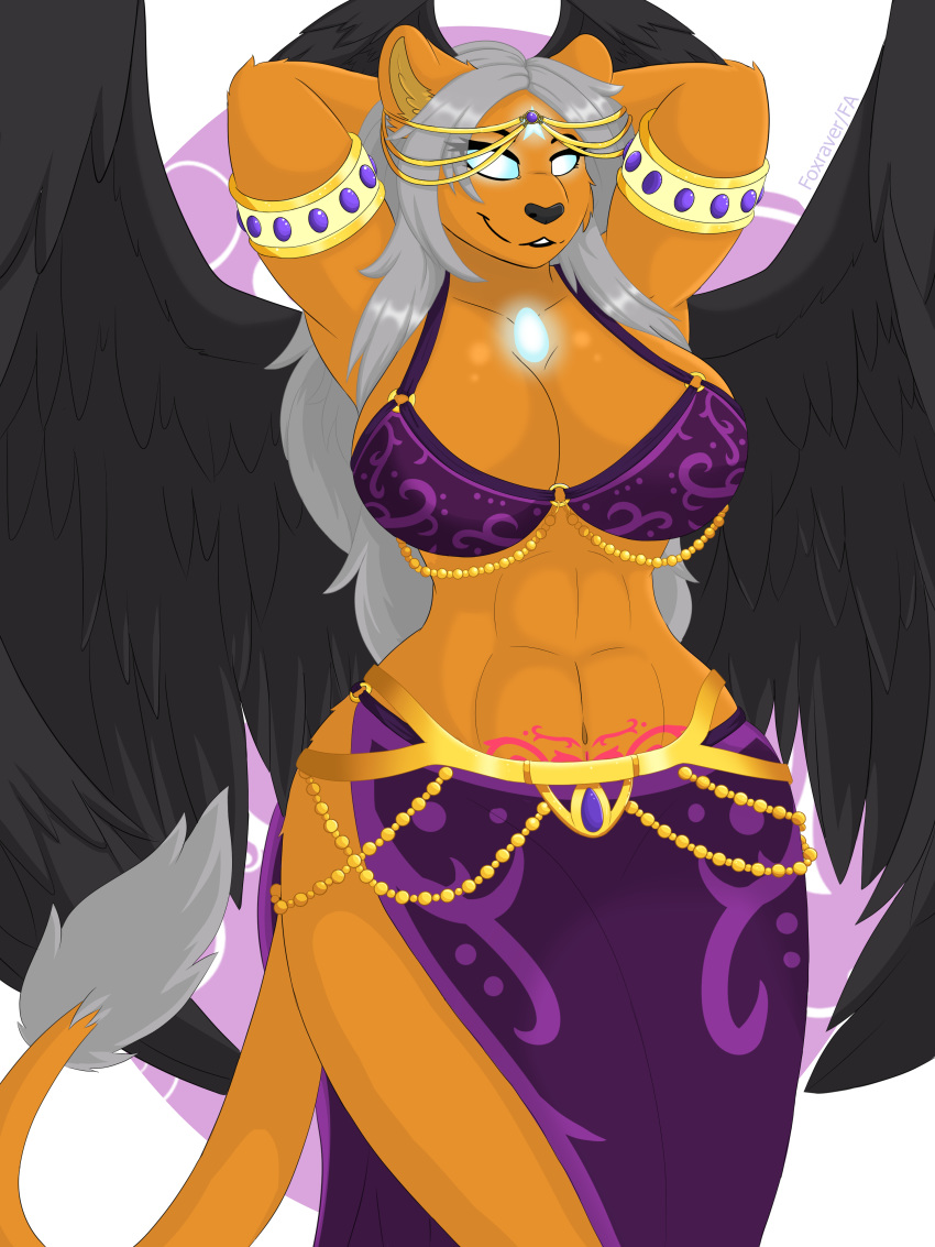 2020 3:4 abs absurd_res anthro arabian_clothing belly_dancer bra brace breasts clothing curvy_figure dancing digital_media_(artwork) feathered_wings feathers felid feline female foxraver gem gold_(metal) gold_jewelry grey_hair hair hi_res jewelry lion mammal midnight_star_kal'kina midnightstarkal'kina muscular muscular_anthro muscular_female no_pupils pantherine solo tail_tuft thick_thighs tuft underwear voluptuous wide_hips wings
