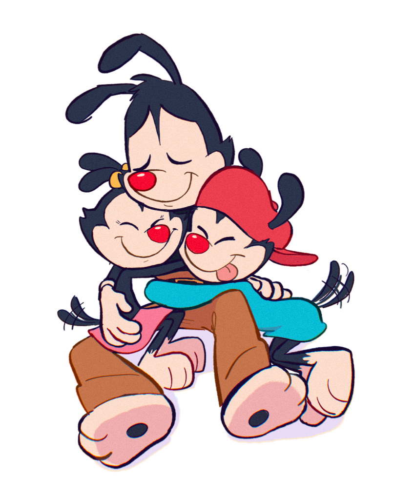 animaniacs animaniacs_(2020) anthro clothing cuddling dot_warner eyes_closed female group hat headgear headwear hi_res hug inkblot male minorcoded wakko_warner warner_brothers yakko_warner