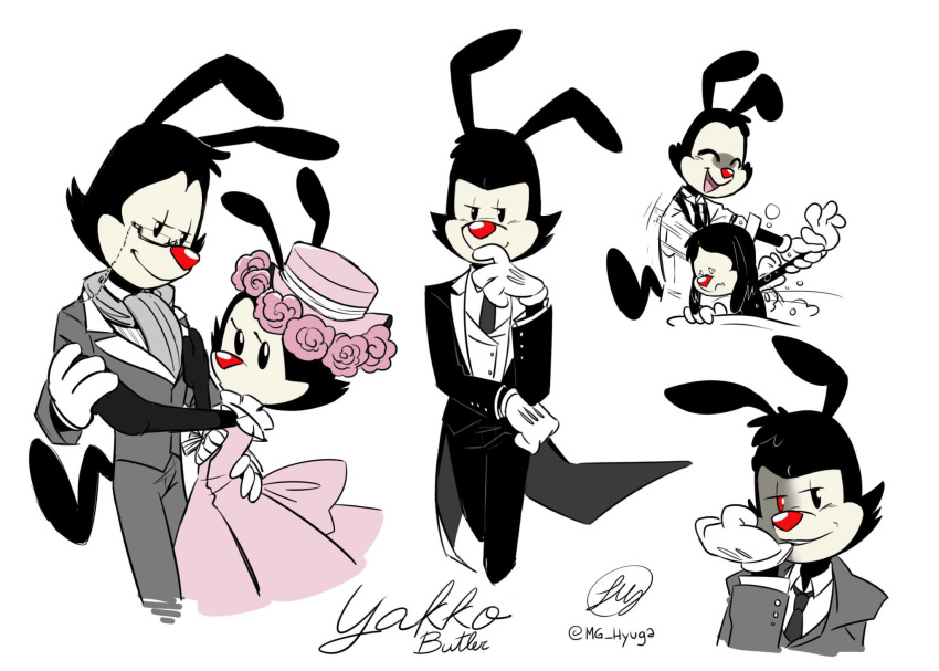 2020 animaniacs anthro bath bite biting_clothing black_body black_clothing black_fur butler clothed clothing dancing digital_media_(artwork) dot_warner dress eyewear female flower fur glasses gloves grey_clothing handwear hat headgear headwear hi_res implied_incest inkblot male mammal microminag necktie pink_clothing pink_dress plant red_nose signature simple_background smile suit wakko_warner warner_brothers white_background yakko_warner young