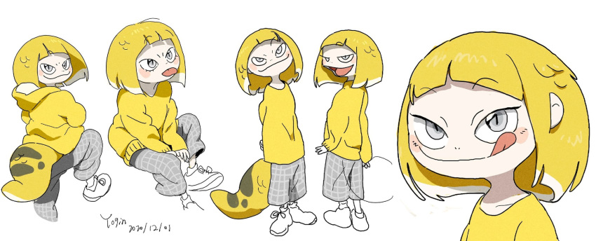:3 :d :q arms_behind_back artist_name bangs blonde_hair blunt_bangs blush_stickers character_sheet collarbone dated full_body grey_eyes grey_shorts half-closed_eyes highres hood hood_down hoodie lizard_girl lizard_tail looking_at_viewer monster_girl open_mouth original personification shirt short_hair shorts simple_background sitting sketch slit_pupils smile standing tail tongue tongue_out upper_body white_background yellow_hoodie yellow_shirt yogin