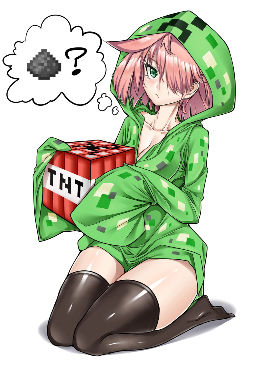 1girl :/ ? black_legwear breasts cleavage collarbone commentary creeparka creeper english_commentary examon_(sigemaultraexa) green_eyes green_hoodie gunpowder hair_over_one_eye highres hood hood_up hoodie long_sleeves looking_at_viewer medium_hair minecraft personification pink_hair seiza shiny shiny_hair shiny_skin simple_background sitting sleeves_past_fingers sleeves_past_wrists solo thighhighs thought_bubble tnt tsurime white_background