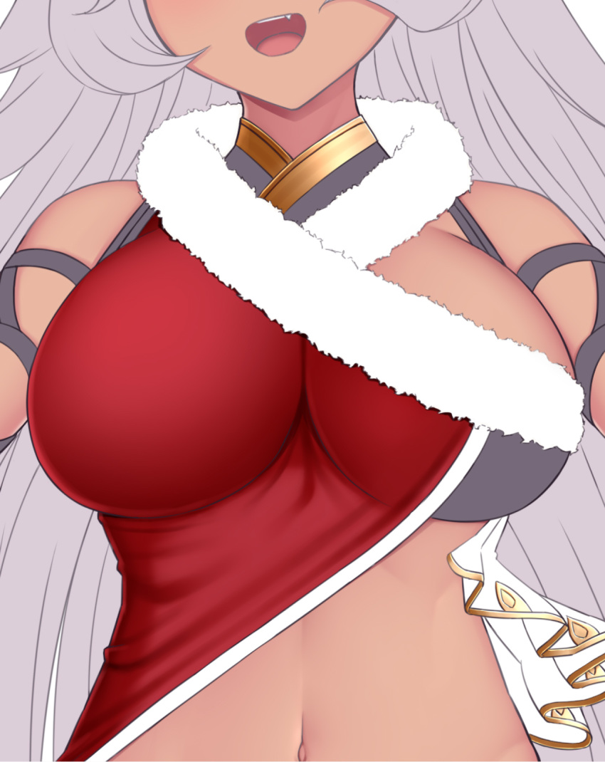 1girl breast_focus breasts cleavage dark_skin dark_skinned_female fang fur_trim granblue_fantasy grey_hair head_out_of_frame highres large_breasts long_hair meropan midriff navel nemone open_mouth santa_costume smile solo stomach upper_body