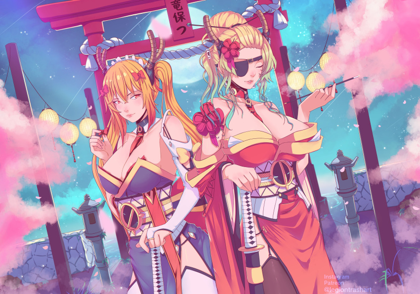 2girls absurdres alternate_costume arm_strap bangs_pinned_back bow breasts cleavage closed_eyes detached_collar detached_sleeves dragon_horns english_commentary eyepatch facial_tattoo hair_bow hair_bun highres holding holding_bow holding_sword holding_weapon horns incense katana kobayashi-san_chi_no_maidragon large_breasts light_blush maid_headdress mika_vas multiple_girls neckwear_between_breasts obi one_eye_covered parted_lips quetzalcoatl_(maidragon) red_bow sash sword tattoo thighhighs tied_hair tooru_(maidragon) torii twintails twitter_username watermark weapon