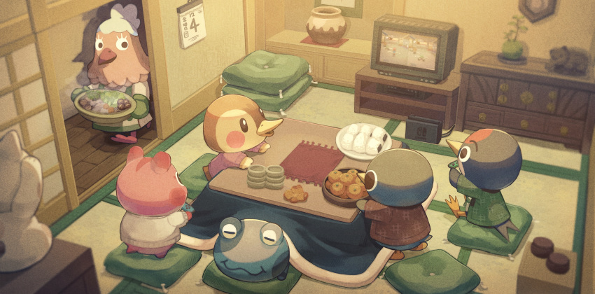 3boys 3girls animal_crossing apple_(animal_crossing) bowl calendar_(object) controller cushion food fruit game_console game_controller highres holding holding_bowl holding_controller indoors jay_(animal_crossing) jeremia_(animal_crossing) joy-con kotatsu looking_at_another mandarin_orange molly_(animal_crossing) multiple_boys multiple_girls nintendo_switch onigiri pillow plucky_(animal_crossing) roald_(animal_crossing) saino sitting standing symbol_commentary table tagme television