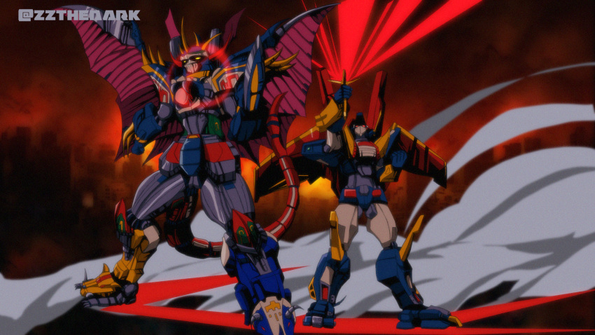 1980s_(style) 1990s_(style) alternate_form arm_blade armor bird_wings city claws clenched_hands commentary crossover dancouga_nova dancouga_nova_max_god destruction dinosaur fighting_stance glowing glowing_eyes glowing_sword glowing_weapon highres holding holding_sword holding_weapon horns juusou_kikou_dancouga_nova looking_at_viewer machine mask mecha mega-gravezord megazord mighty_morphin_power_rangers no_humans oobari_masami_(style) power_rangers power_rangers_shattered_grid red_eyes retro_artstyle robot ruins science_fiction signature size_difference smoke spikes super_robot sword tail tokusatsu twitter_username weapon wings yellow_eyes zakman-wahid