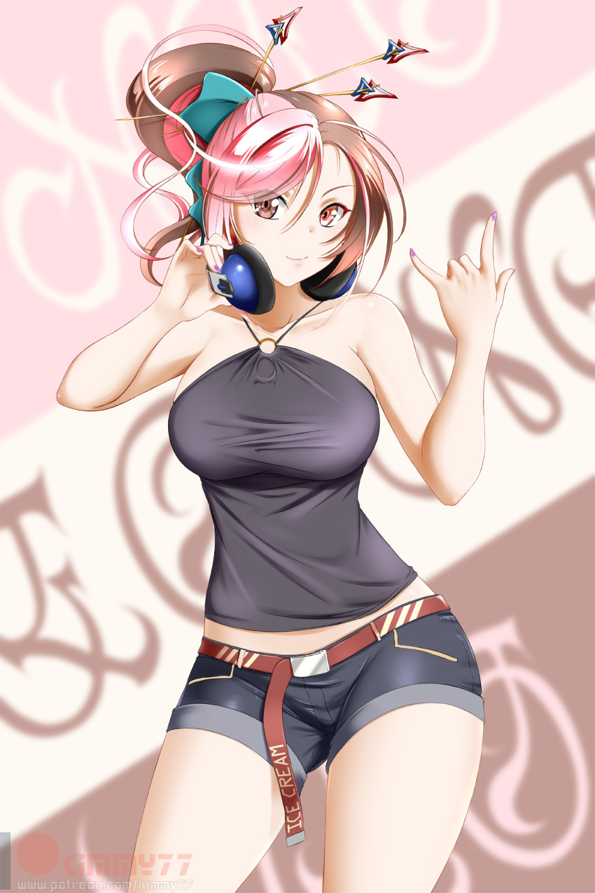 1girl alfred_cullado alternate_hairstyle banned_artist black_shirt black_shorts blurry blurry_background breasts brown_eyes brown_hair closed_mouth collarbone cowboy_shot eyes_visible_through_hair headphones headphones_around_neck heterochromia high_ponytail highres large_breasts long_hair looking_at_viewer midriff multicolored_hair nail_polish neo_politan o-ring pink_eyes pink_hair purple_nails rwby shiny shiny_hair shirt short_shorts shorts sleeveless sleeveless_shirt smile solo standing two-tone_hair watermark