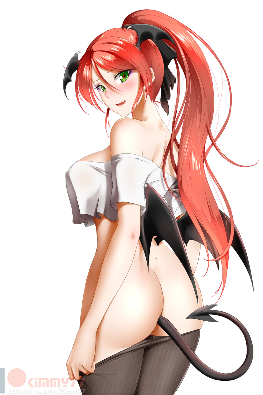 1girl :d alfred_cullado anal_tail ass banned_artist black_legwear black_wings blush breasts cowboy_shot crop_top fake_tail fang floating_hair from_behind green_eyes hair_between_eyes head_wings high_ponytail highres long_hair looking_at_viewer looking_back medium_breasts off-shoulder_shirt off_shoulder open_mouth pantyhose pantyhose_pull pyrrha_nikos red_hair rwby see-through shiny shiny_hair shirt shoulder_blades simple_background smile solo standing tail very_long_hair watermark white_background wings