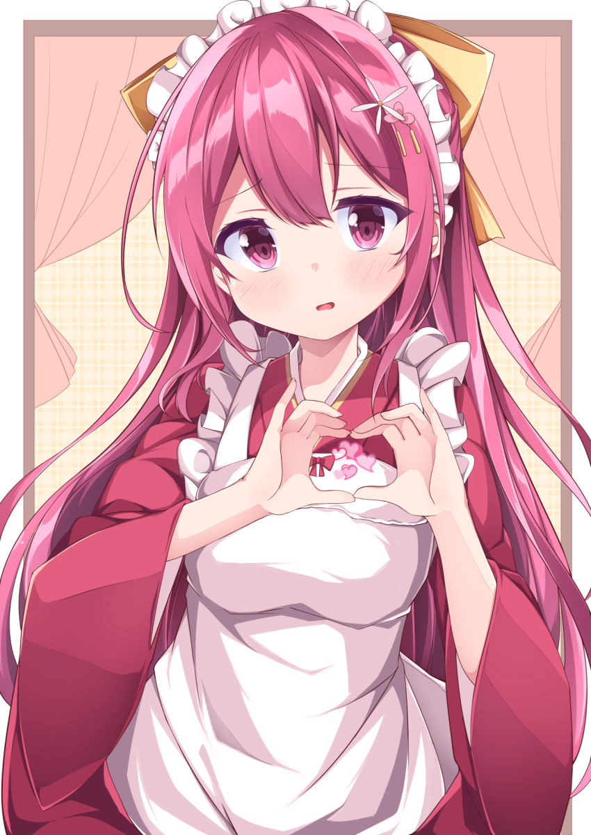 1girl acchii_(akina) apron bow breasts flower hair_bow hair_flower hair_ornament hakama heart heart_hands highres japanese_clothes kamikaze_(kantai_collection) kantai_collection long_hair maid_headdress meiji_schoolgirl_uniform pink_hakama purple_eyes purple_hair small_breasts solo upper_body wa_maid white_apron wide_sleeves yellow_bow