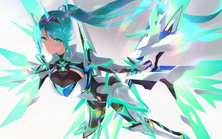 1girl armor armored_bodysuit bangs blush bodysuit breasts cait_aron detached_wings earrings energy_wings floating_hair gem gloves hair_ornament headpiece highres jewelry large_breasts leaning_forward light_particles long_hair looking_at_viewer mythra_(xenoblade) neon_trim nintendo pneuma_(xenoblade) ponytail pyra_(xenoblade) sidelocks smile solo swept_bangs tiara very_long_hair wings xenoblade_chronicles_(series) xenoblade_chronicles_2
