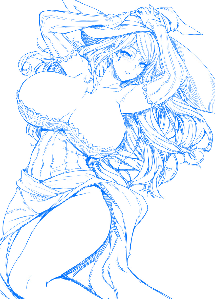 1girl absurdres bangs bare_shoulders breasts cleavage detached_sleeves dragon's_crown hat highres huge_breasts lineart long_hair looking_at_viewer side_slit sorceress_(dragon's_crown) strapless whoosaku witch_hat