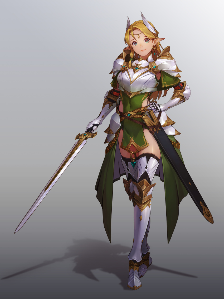 1girl absurdres armor armored_boots armpit_peek black_legwear blonde_hair blue_eyes boots breastplate closed_mouth commentary covered_navel earrings elf faulds full_body gauntlets gold_trim gradient gradient_background greaves green_shirt green_skirt grey_background hair_intakes hair_wings hand_on_hip highres holding holding_sword holding_weapon hoop_earrings jewelry knight korean_commentary long_hair long_sword looking_at_viewer original overskirt pauldrons pelvic_curtain pointy_ears radjeong scabbard shadow sheath shirt short_shorts shorts shoulder_armor side_slit simple_background single_sidelock skindentation skirt solo standing sword thighhighs unsheathed weapon white_armor