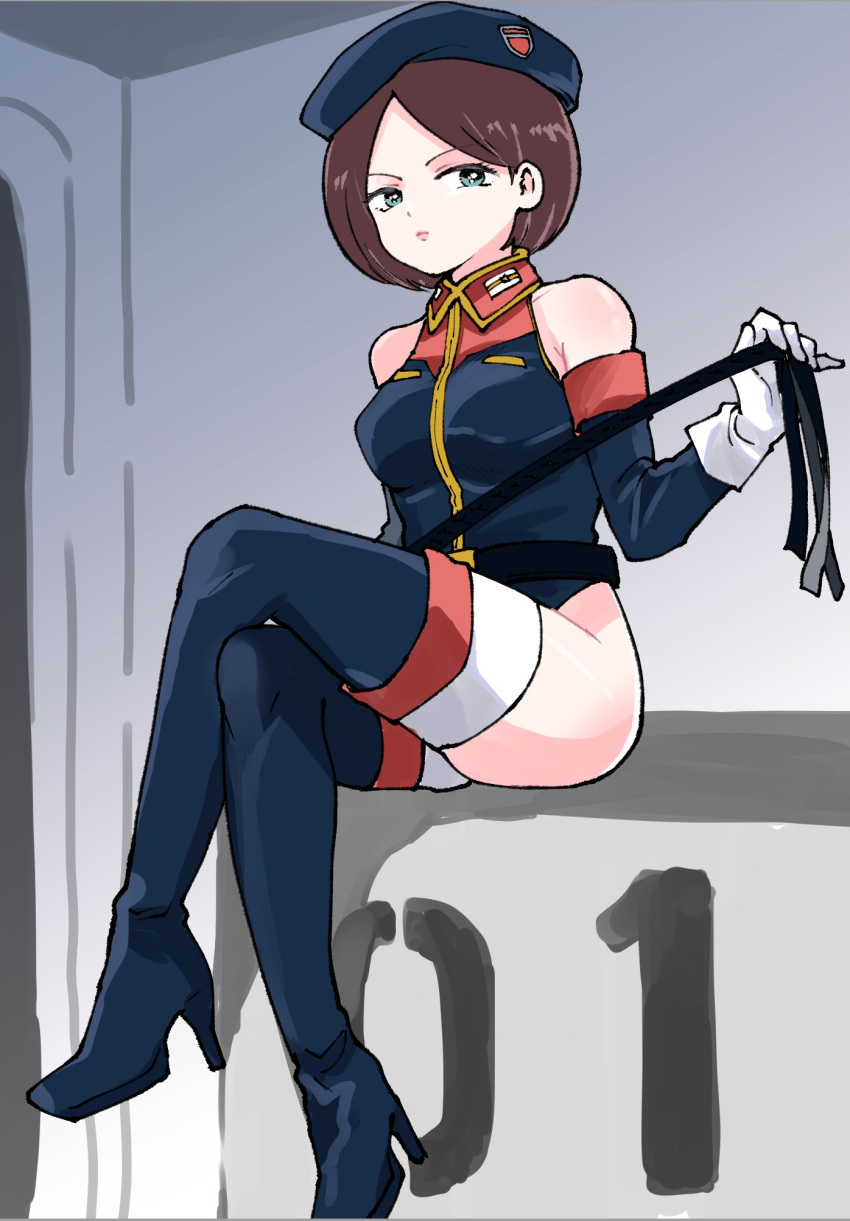 1girl banao belt black_belt boots breasts brown_hair collared_leotard detached_sleeves dominatrix emma_sheen gloves green_eyes gundam hair_behind_ear hat high_heels highres holding holding_whip leotard looking_to_the_side medium_breasts military military_hat military_uniform short_hair sitting solo thigh_boots thighhighs uniform v-shaped_eyebrows white_gloves zeta_gundam