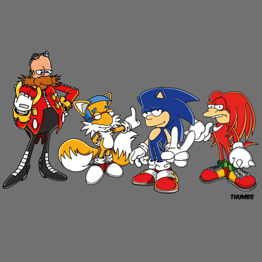 1:1 2_tails 5_fingers absurd_res anthro bald bart_simpson big_nose black_boots black_bottomwear black_clothing black_pants black_text blue_body blue_fur blue_hair boots bottomwear brown_hair brown_mustache canid canine clothing crossover cursed cursed_image dessert doughnut dr._eggman eating echidna english_text eulipotyphlan eyebrows eyewear facial_hair fingers food footwear fox fur gesture glasses gloves goggles goggles_on_head grey_background group hair handwear hedgehog hi_res homer_simpson human humanoid jacket knuckles_the_echidna male male/male mammal miles_prower milhouse_van_houten monotreme multi_tail mustache nelson_muntz orange_body orange_fur overweight overweight_humanoid overweight_male pants peace_signs pointing pose raised_eyebrow red_body red_clothing red_footwear red_fur red_glasses red_jacket red_shoes red_topwear ring ring_(sonic) shoes simple_background sonic_the_hedgehog sonic_the_hedgehog_(series) standing tan_body tan_fur text the_simpsons thumbs1 topwear white_body white_clothing white_footwear white_fur white_gloves white_shoes