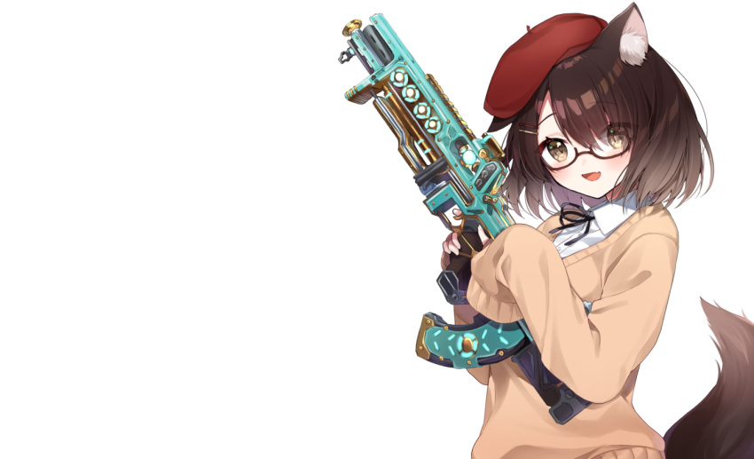 animal_ears apex_legends blush brown_eyes brown_hair fang glasses gun hat light_up school_uniform tail weapon white wolfgirl yama_bukiiro yuzuki_uru