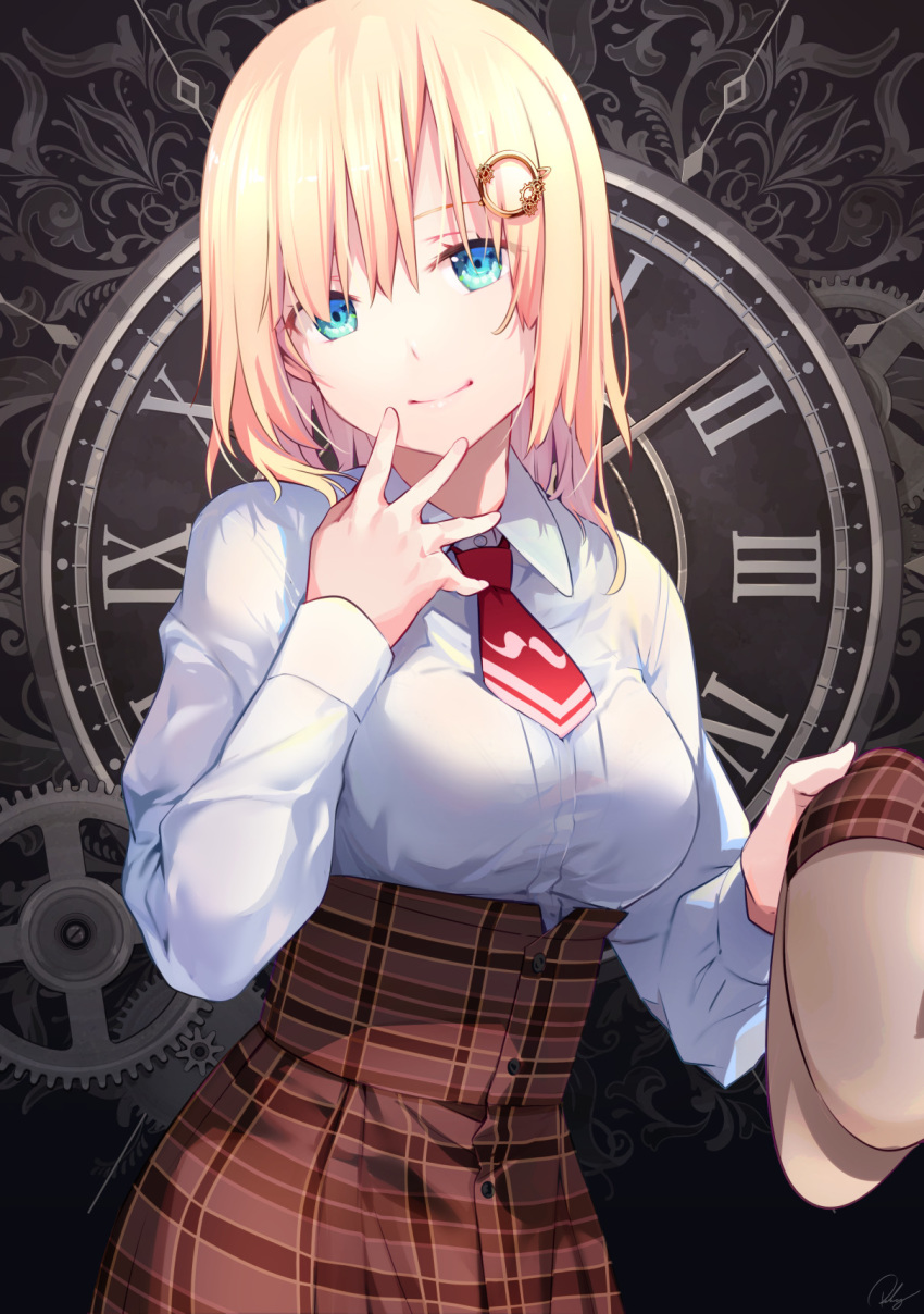 1girl bangs blonde_hair blue_eyes breasts clock cowboy_shot deerstalker gears hair_ornament hand_on_own_face hat hat_removed headwear_removed highres hololive hololive_english monocle_hair_ornament necktie plaid plaid_skirt re_lucy shirt skirt smile solo watson_amelia white_shirt
