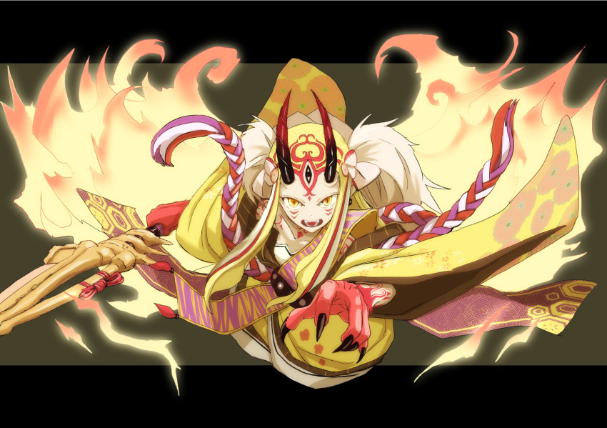 1girl belt black_nails boushi-ya breasts facial_hair fangs fate/grand_order fate_(series) fingernails fire fur highres holding holding_sword holding_weapon horns ibaraki_douji_(fate/grand_order) japanese_clothes kimono looking_at_viewer oni_horns open_mouth sharp_fingernails solo sword tattoo teeth weapon yellow_eyes