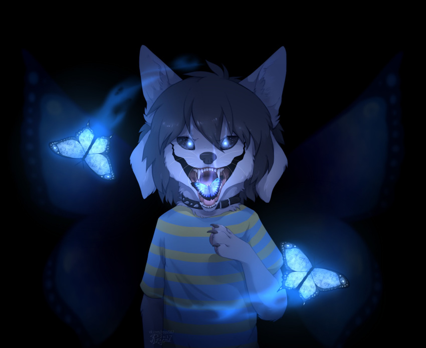 2017 arthropod black_hair butterfly clothing collar digital_media_(artwork) feral group hair hi_res insect lepidopteran mammal open_mouth reysi teeth temmie_(undertale) tongue undertale video_games