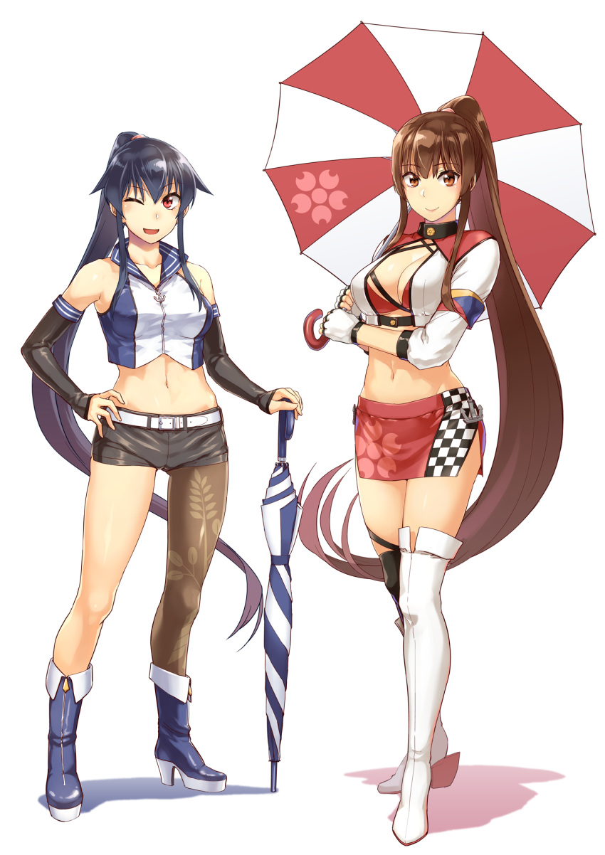 2girls abo_(hechouchou) adapted_costume alternate_costume asymmetrical_legwear belt bikini black_hair black_legwear black_shorts black_sleeves blue_footwear boots breasts brown_eyes cleavage closed_mouth closed_umbrella cropped_jacket detached_sleeves full_body gloves high_heel_boots high_heels highres jacket kantai_collection large_breasts long_hair long_sleeves looking_at_viewer midriff multiple_girls navel one_eye_closed ponytail race_queen red_bikini red_eyes scrunchie short_shorts shorts sidelocks simple_background single_thighhigh sleeveless small_breasts smile standing swimsuit thighhighs umbrella very_long_hair white_background white_belt white_gloves white_jacket white_legwear yahagi_(kantai_collection) yamato_(kantai_collection)