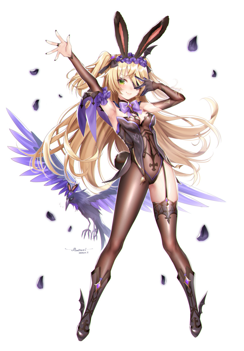 1girl adapted_costume animal animal_ears armpits arms_up bare_shoulders bird black_footwear black_gloves blonde_hair boots brown_legwear brown_leotard bunny_ears bunny_tail detached_sleeves eyepatch fake_animal_ears fake_tail feathers fischl_(genshin_impact) full_body garter_straps genshin_impact gloves green_eyes half_gloves hattori_masaki headdress highres jewelry leotard long_hair long_legs long_sleeves looking_at_viewer outstretched_arm oz_(genshin_impact) raven_(animal) revealing_clothes ring simple_background single_glove single_leg_pantyhose single_thighhigh tail thighhighs two_side_up very_long_hair white_background