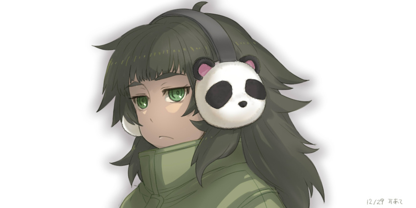 1girl ahoge bangs blunt_bangs dated earmuffs green_eyes green_hair green_jacket high_collar highres hiyajou_maho jacket light_frown long_hair looking_ahead menomorute portrait ringed_eyes sidelocks simple_background solo steins;gate steins;gate_0 white_background