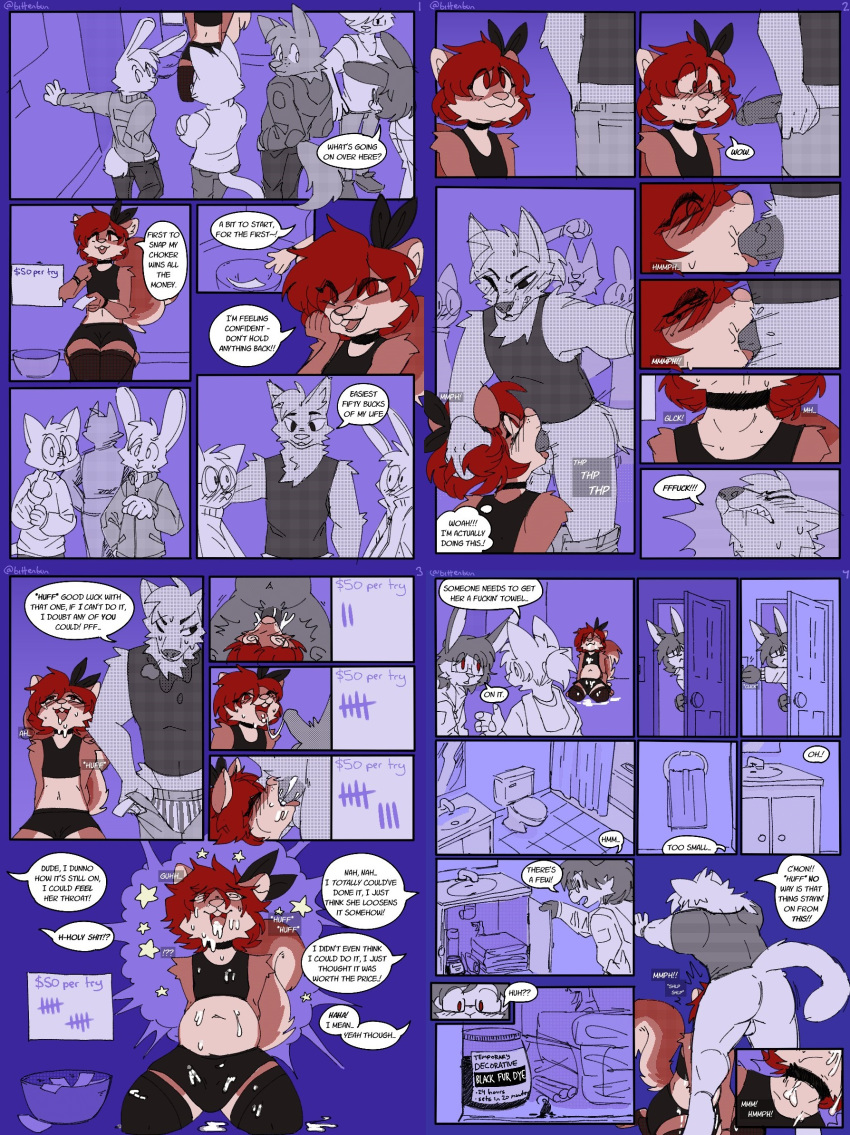 ambiguous_gender anthro big_dom_small_sub bodily_fluids bottomwear canid canine canis choker clothing comic comic_page comic_panel crop_top crowd cum cum_everywhere cum_in_mouth cum_inflation cum_inside cum_on_chest cum_on_face cum_on_tongue deep_throat dialogue domestic_cat duo dye dyed_fur english_text face_fucking felid feline felis fellatio female fucked_silly fur genital_fluids group group_sex hair hi_res inflation jewelry lagomorph legwear leporid male male/female mammal meme messy multiple_images necklace oral oral_penetration orgasm orgasm_face out_of_breath outnumbered party penetration penile prostitution public_use rabbit red_body red_eyes red_fur red_hair rodent sciurid sex shirt shower sink size_difference skirt sound_effects tally_marks text toilet tongue topwear towel until_it_snaps wolf zapsnsfw