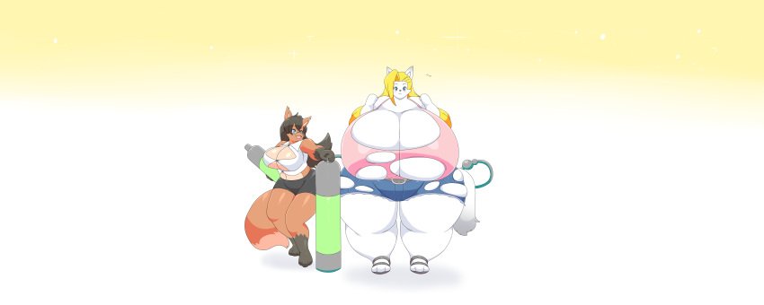 absurd_res anthro arctic_fox big_breasts big_butt blonde_hair blue_eyes bottomwear breast_expansion breasts brown_body brown_fur brown_hair butt butt_expansion canid canine clothing duo eva_(kleiny) expansion female footwear fox funi fur hair hi_res huge_breasts huge_butt huge_thighs hyper hyper_breasts hyper_butt hyper_thighs inflation lucille_(kleiny) mammal sandals shorts simple_background standing thick_thighs white_body white_fur