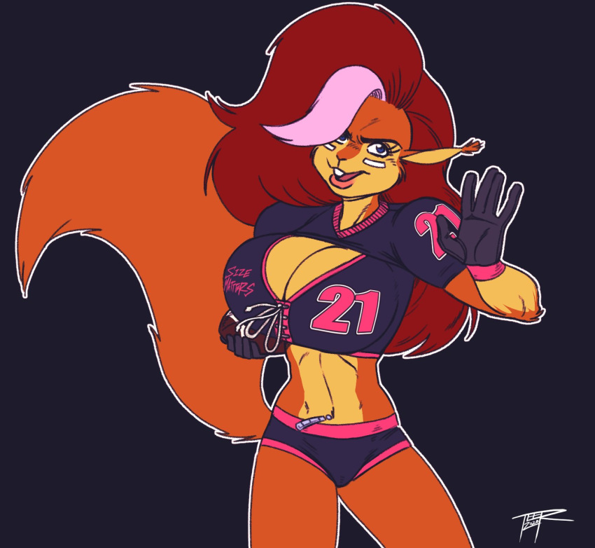 anthro ball breasts cleavage clothed clothing female football_(ball) football_gear hair hi_res mammal marika_(teer) rodent sciurid solo teer