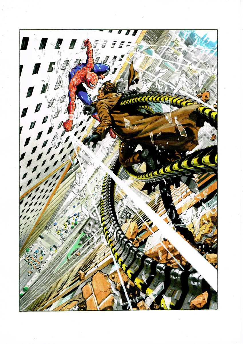 2boys battle bodysuit border building cityscape doctor_octopus duel glass_shards highres long_coat marvel multiple_boys murata_yuusuke new_york official_art outdoors silk simple_background skyscraper spider-man spider-man_(series) spider_web superhero white_background white_border