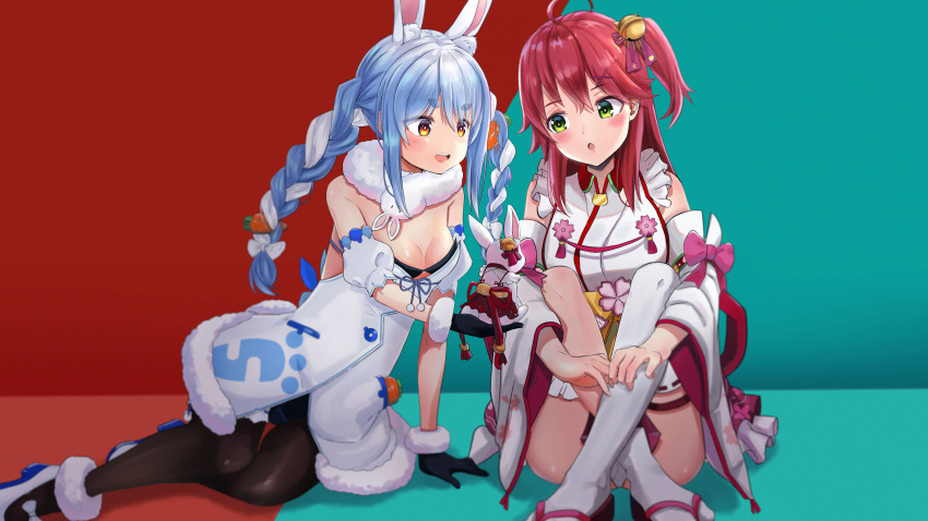 2girls absurdres animal animal_ears arm_support bell black_gloves black_legwear blue_hair bow braid breasts brown_hair brown_legwear bunny bunny_ears carrot cherry_blossoms crossed_legs detached_sleeves don-chan_(usada_pekora) dress full_body fur-trimmed_dress fur-trimmed_gloves fur_trim gloves green_background green_eyes hair_bell hair_ornament highres holding holding_animal hololive huge_filesize japanese_clothes jingle_bell knees_up large_breasts leaning_to_the_side leg_hug leotard_under_clothes long_hair looking_at_another looking_to_the_side miko multiple_girls nousagi_(usada_pekora) one_side_up open_mouth panties pantyhose pantyshot red_background red_hair s29031295 sakura_miko sandals shoe_bow shoes sitting smack tabi tassel twin_braids underwear usada_pekora virtual_youtuber white_legwear yokozuwari