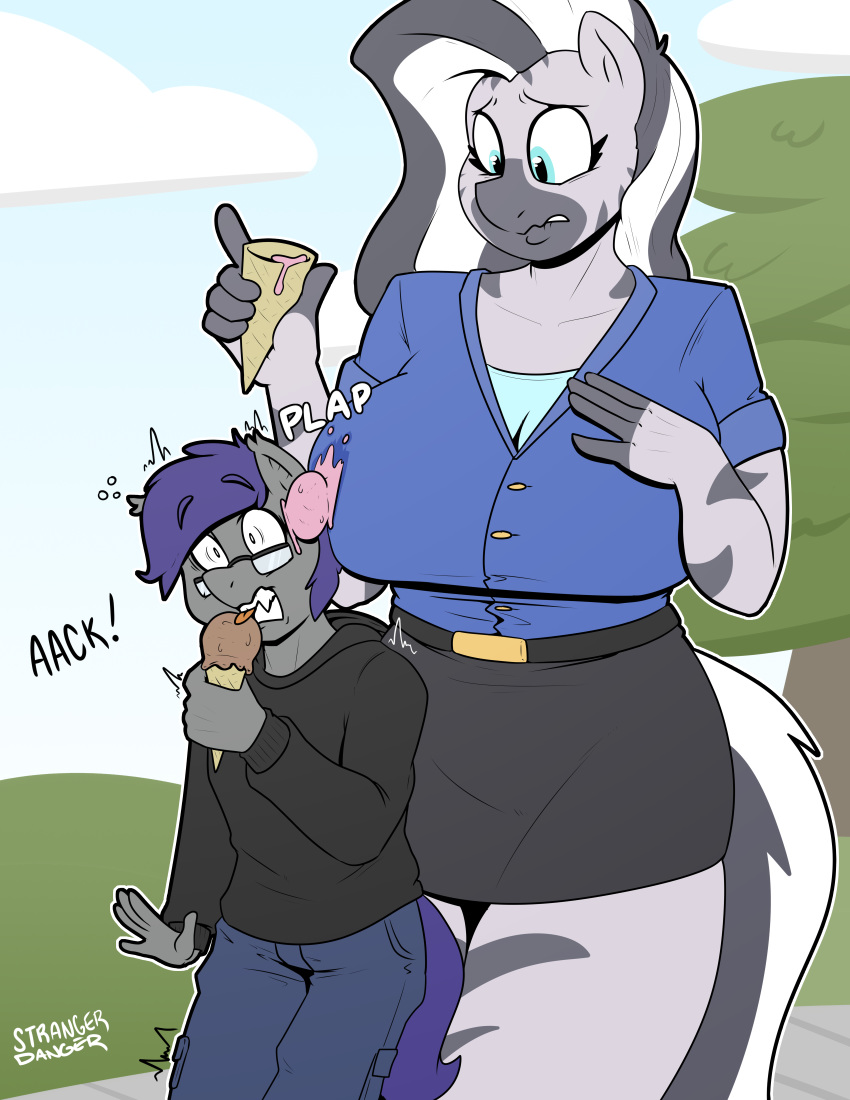 absurd_res anthro bat_pony clothing date duo dusk_rhine equid equine eyewear female food glasses hasbro hi_res ice_cream_cone male male/female mammal my_little_pony size_difference spill strangerdanger zebra zuri_(duskthebatpack)