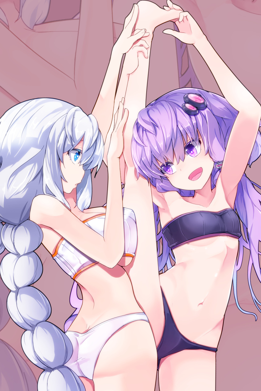 2girls armpits arms_up ass bangs barefoot bikini black_bra black_panties blue_eyes bra braid breast_press breasts eye_contact feet flexible groin hair_ornament hair_tie hand_on_another's_leg hand_on_own_foot highres kizuna_akari kneepits large_breasts leg_up looking_at_another multiple_girls navel open_mouth panties pon_(shind_997) purple_hair short_hair_with_long_locks silver_hair small_breasts smile split sports_bikini sports_bra sportswear standing standing_on_one_leg standing_split stomach swimsuit touching_toes twin_braids underwear underwear_only vocaloid voiceroid white_bra white_panties yuri yuzuki_yukari zoom_layer