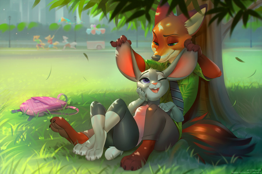 2019 3_fingers 3_toes 4_fingers against_tree aloha_shirt anthro backpack balloon barefoot blurred_background buckteeth canid canine city claws clothed clothing dappled_light detailed_background dipstick_ears disney duo_focus ear_grab eyebrows eyelashes falling_leaves female fingers fox fully_clothed fur grass green_eyes grey_nose group holding_ears judy_hopps kite lagomorph leporid light looking_at_another looking_at_partner male mammal miles_df multicolored_ears necktie nick_wilde on_ground one_eye_closed open_mouth orange_body orange_ears orange_fur orange_tail outside park pawpads paws pink_inner_ear pink_nose playing purple_eyes rabbit romantic_couple shade shadow shirt sitting smile street_lamp sunlight t-shirt teeth toe_claws toes tongue topwear tree white_body white_ears white_fur white_tail yellow_inner_ear yoga_pants zootopia