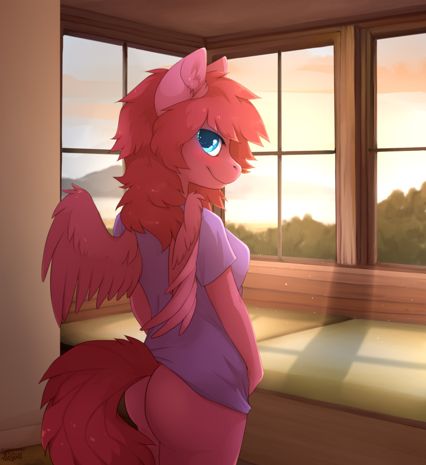 2018 anthro blue_eyes breasts butt digital_media_(artwork) equid equine fan_character feathered_wings feathers female fur hasbro hi_res mammal my_little_pony pegasus pink_body pink_feathers pink_fur reysi solo wings