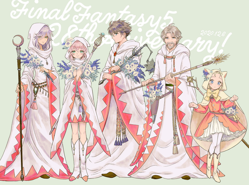 2boys 3girls animal_ears anniversary blonde_hair boots brown_hair butz_klauser cat_ears copyright_name dated facial_hair fake_animal_ears faris_scherwiz final_fantasy final_fantasy_v flower galuf_halm_baldesion grey_hair hair_flower hair_ornament high_heels highres holding holding_weapon hood hoodie krile_mayer_baldesion lenna_charlotte_tycoon looking_at_viewer mace multiple_boys multiple_girls pink_hair pouch purple_hair staff takatora weapon white_hoodie white_mage white_robe