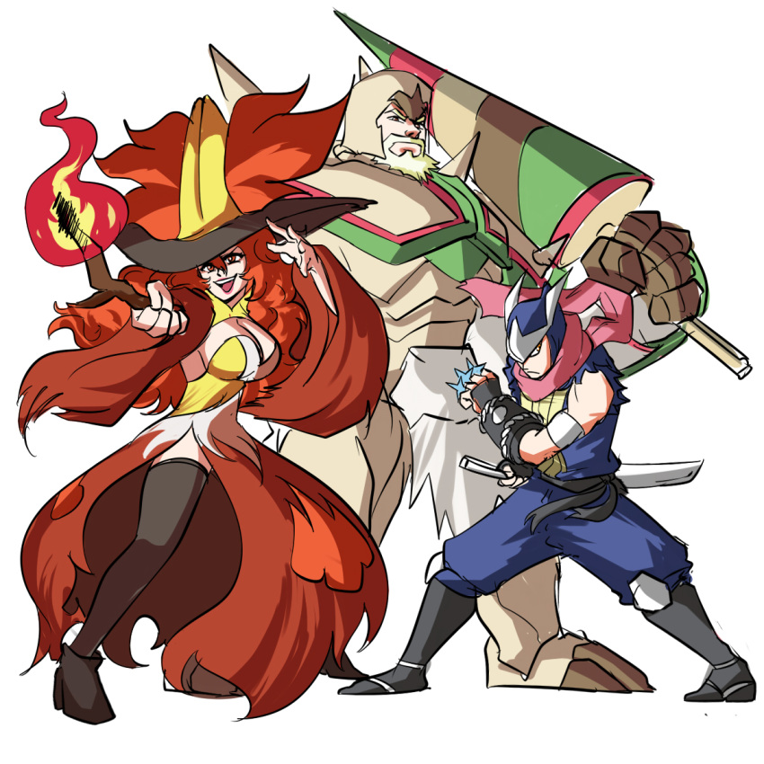 1girl 2boys armor armored_boots beard boots breastplate chesnaught closed_mouth commentary delphox dress english_commentary evil_smile facial_hair fighting_stance fire full_armor full_body gauntlets gen_6_pokemon greaves greninja hat height_difference helmet highres holding holding_lance holding_polearm holding_weapon knight lance long_hair long_sleeves looking_at_viewer multiple_boys ninja open_mouth over_shoulder pants personification pokemon pokemon_(game) pokemon_xy polearm red_hair serious sheath shoes shoulder_armor shuriken simple_background smile spiked_armor spikes standing sword thighhighs tina_fate v-shaped_eyebrows very_long_hair vest wand weapon weapon_over_shoulder white_background wide_sleeves witch witch_hat zettai_ryouiki