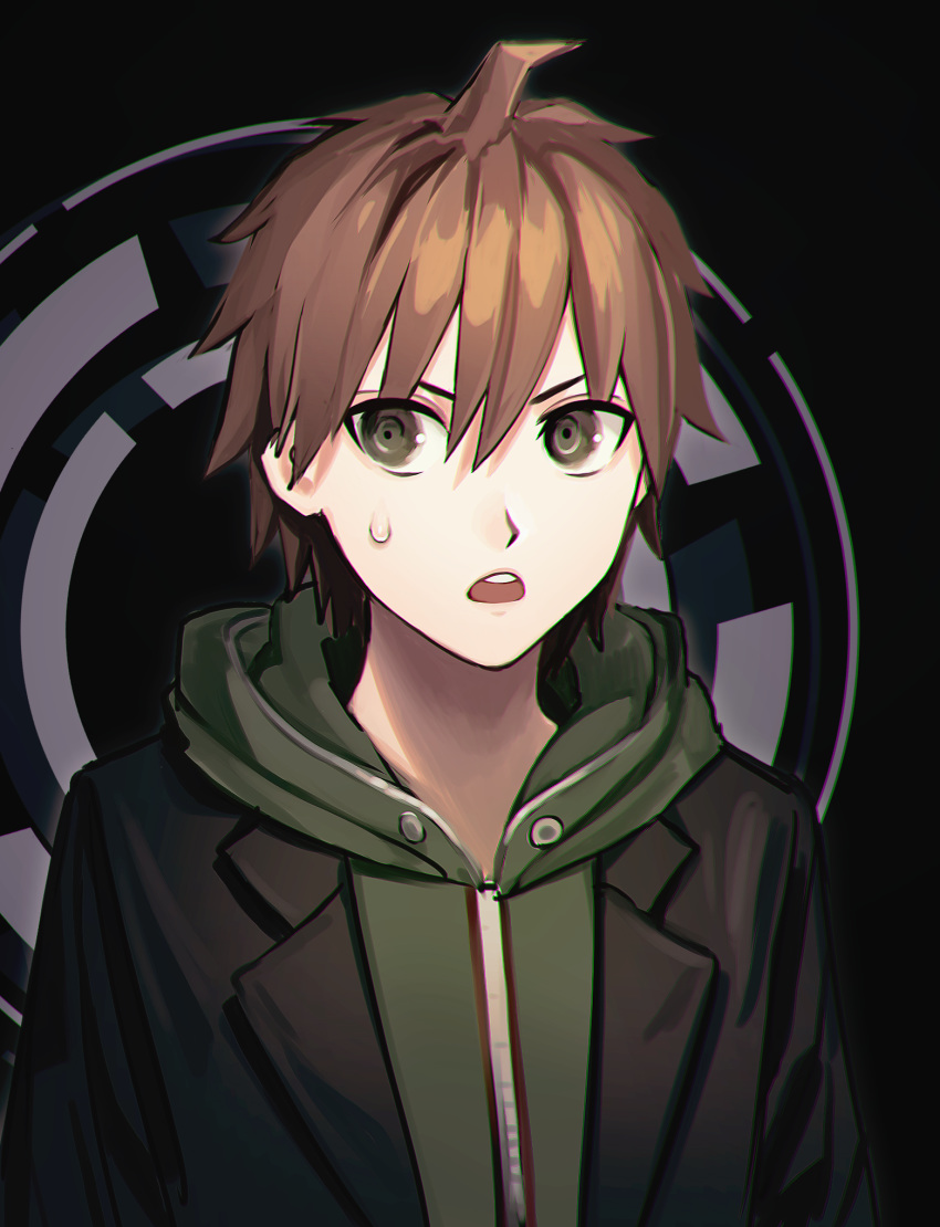 1boy ahoge bangs black_background black_jacket brown_eyes brown_hair commentary_request danganronpa danganronpa_1 hair_between_eyes highres hood hood_down hoodie jacket looking_at_viewer male_focus naegi_makoto open_clothes open_jacket open_mouth short_hair solo sweatdrop upper_body upper_teeth yuzu_hiko_(ruffle-ponzu)