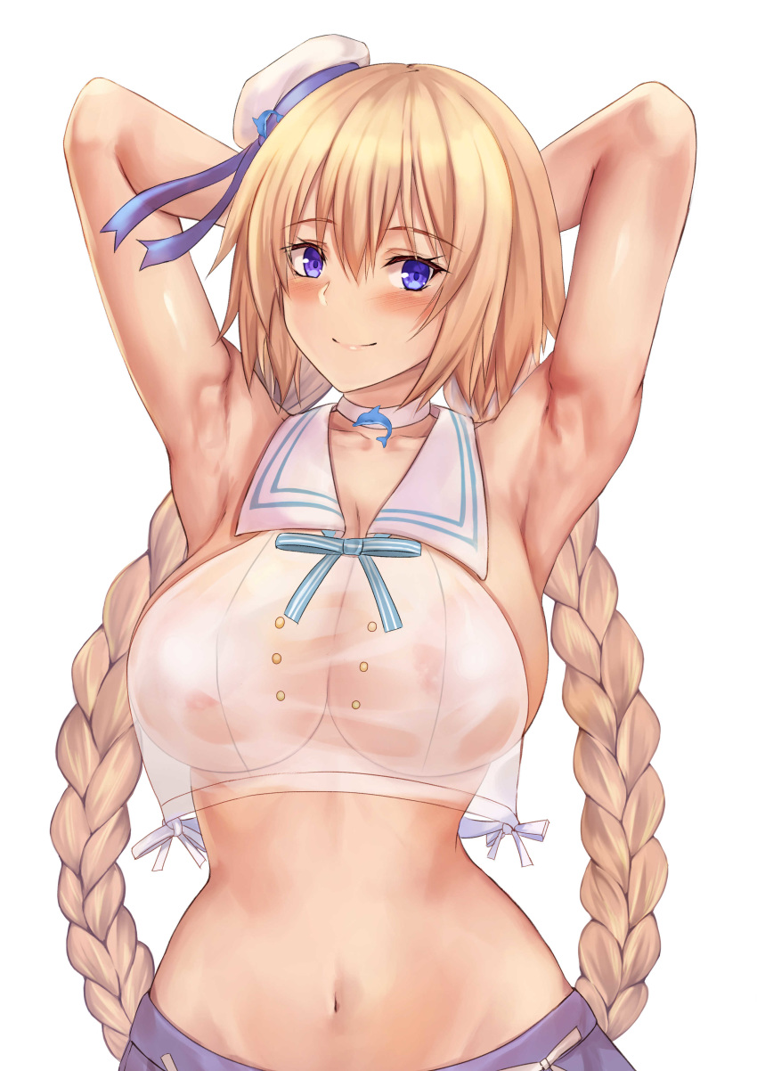 1girl absurdres armpits arms_behind_head arms_up bangs bare_shoulders blonde_hair blue_eyes blue_skirt blush braid breasts choker closed_mouth collarbone covered_nipples crop_top crop_top_overhang fate/apocrypha fate/grand_order fate_(series) hat highres jeanne_d'arc_(fate) jeanne_d'arc_(fate)_(all) large_breasts long_hair looking_at_viewer midriff mystery_treasure navel sailor_collar see-through skirt smile twin_braids uchida_shou very_long_hair