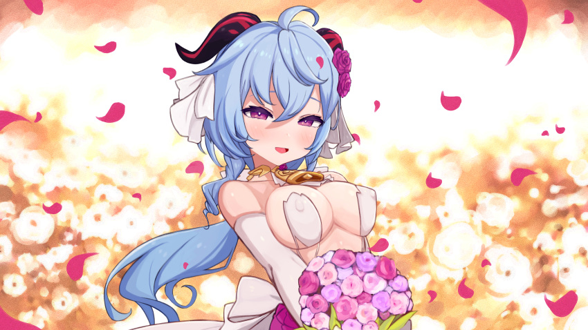 1girl :d ahoge bangs bare_shoulders blue_hair blush bouquet breasts commentary_request covered_nipples curled_horns dress eyebrows_behind_hair flower ganyu_(genshin_impact) genshin_impact hair_between_eyes hair_flower hair_ornament hair_ribbon half-closed_eyes highres horns long_hair looking_at_viewer low_ponytail medium_breasts open_mouth petals pink_flower pink_rose ponytail purple_eyes purple_flower purple_rose ribbon rose rose_neru sidelocks smile solo strapless strapless_dress very_long_hair wedding_dress white_dress white_ribbon