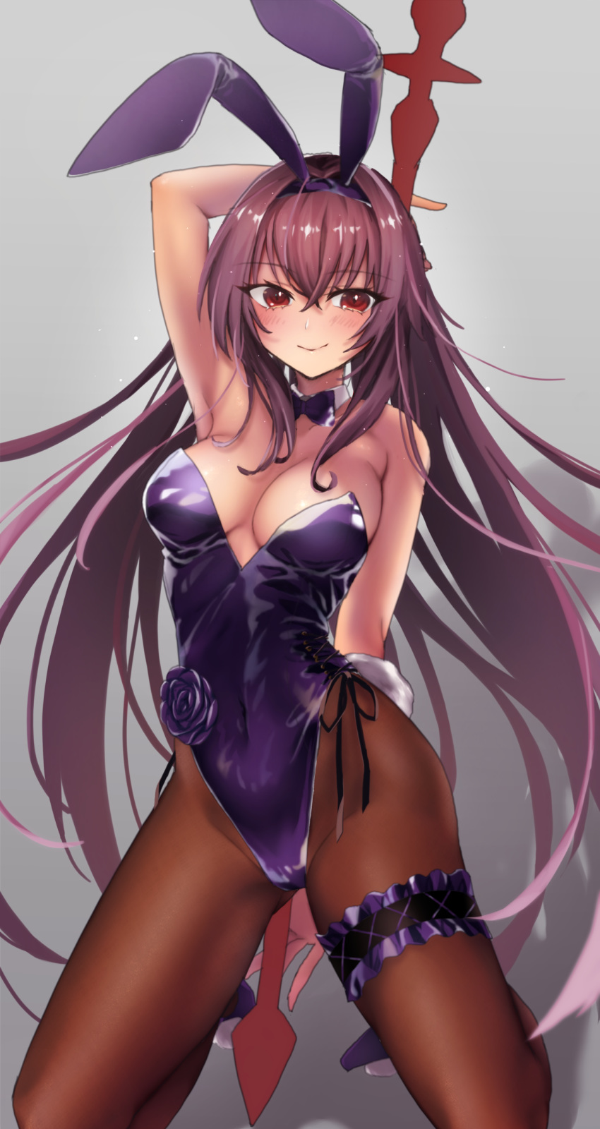 1girl absurdres animal_ears breasts bunny_ears cleavage cosplay fake_animal_ears fate/grand_order fate_(series) gae_bolg hairband highleg highleg_leotard highres kneeling leg_garter leotard long_hair looking_at_viewer pantyhose piercing_bunny playboy_bunny polearm purple_hair purple_hairband purple_leotard purple_neckwear red_eyes scathach_(fate)_(all) scathach_(fate/grand_order) scathach_(fate/grand_order)_(cosplay) smile spear strapless strapless_leotard user_uynr5373 very_long_hair weapon wrist_cuffs