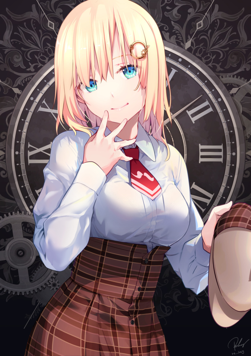 1girl bangs blonde_hair blue_eyes breasts clock closed_mouth commentary_request cowboy_shot deerstalker eyebrows_visible_through_hair gears hair_ornament hand_on_own_face hand_up hat hat_removed headwear_removed high-waist_skirt highres holding holding_clothes holding_hat hololive hololive_english large_breasts long_sleeves looking_at_viewer monocle_hair_ornament necktie plaid plaid_skirt re_lucy roman_numerals shirt shirt_tucked_in skirt smile solo watson_amelia white_shirt